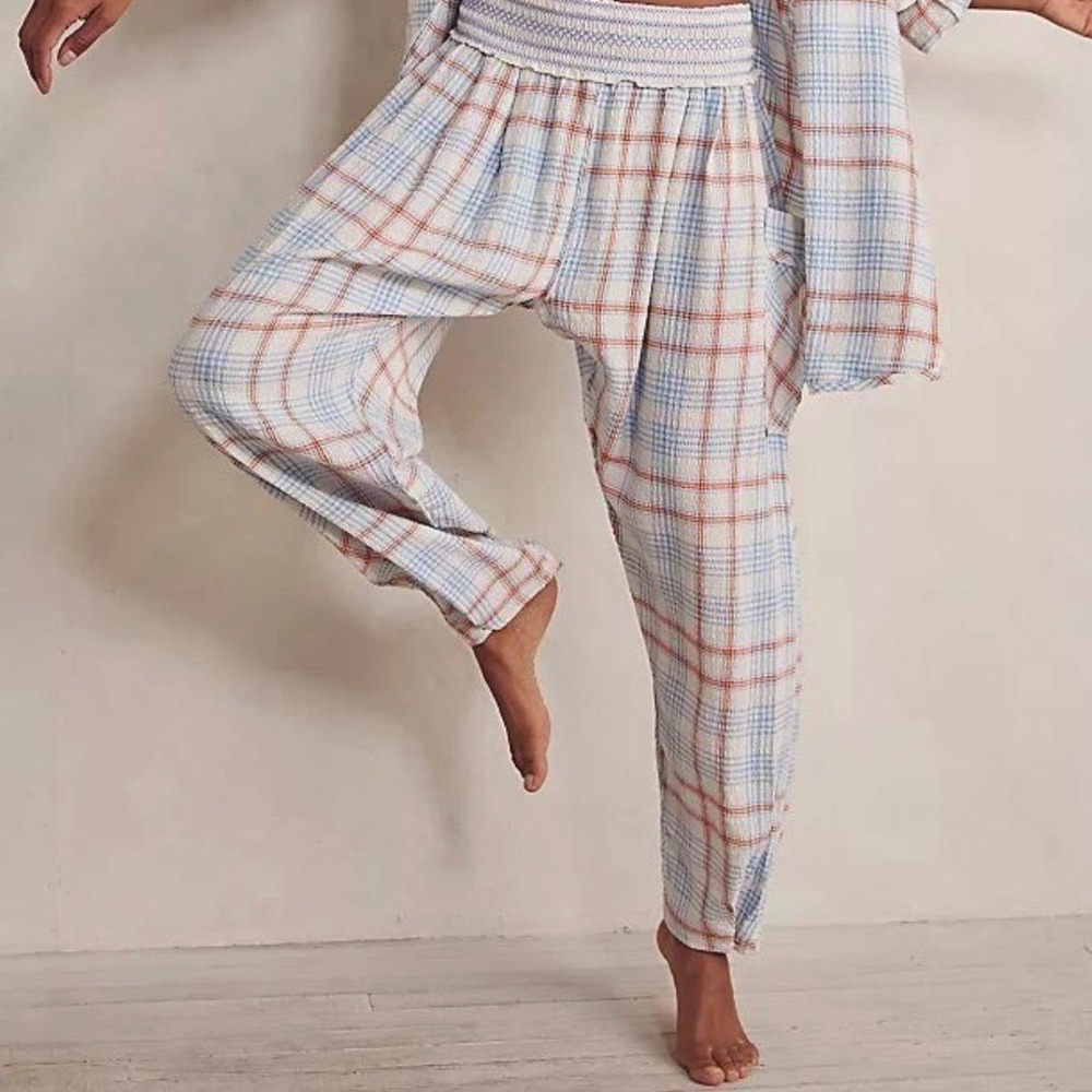 Intimately Free People XS Plaid About You Smocked Waist Cargo Pants Blue Orange